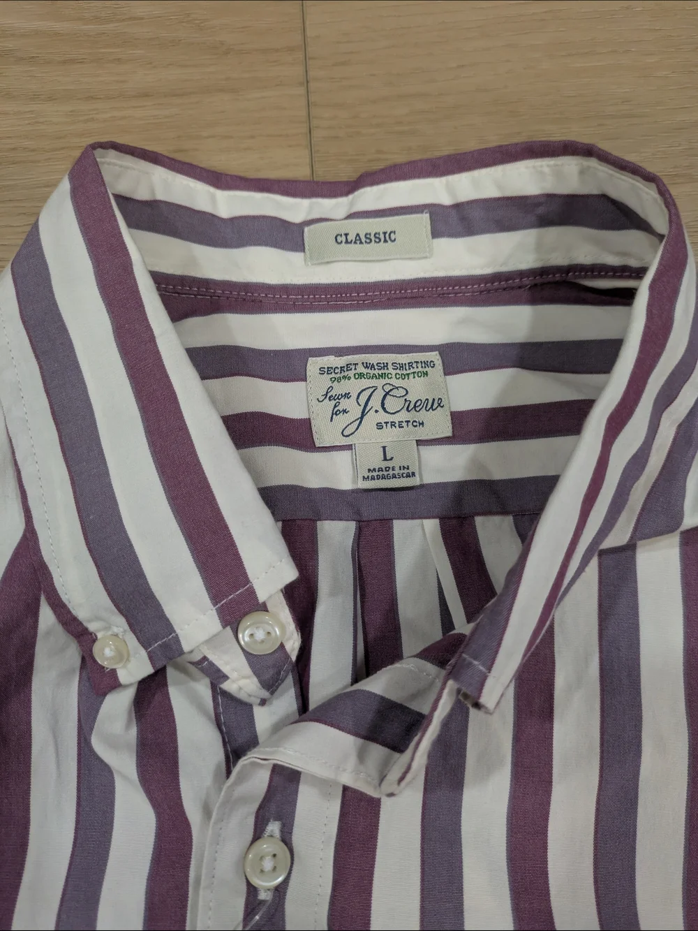 J. Crew Short-Sleeve Button-Down Shirt in White and Purple Stripe